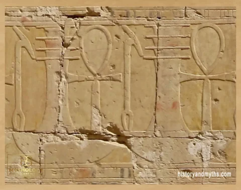 Ankh, djed, and was symbols in a decorative frieze from the Hathor Chapel
