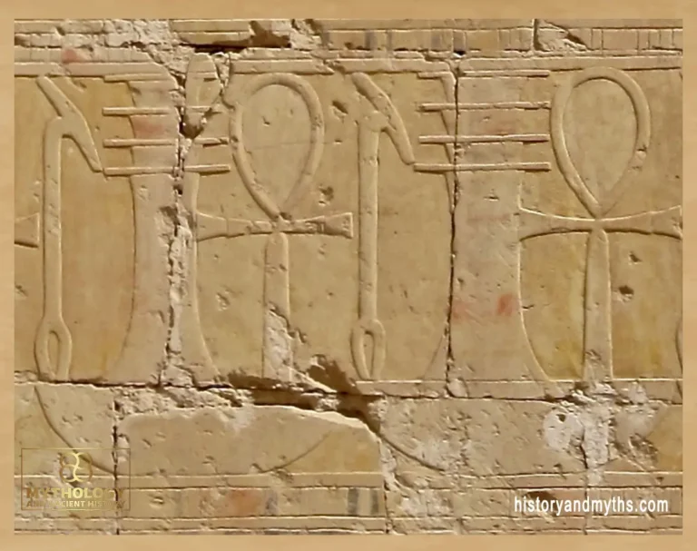 Ankh, djed, and was symbols in a decorative frieze from the Hathor Chapel