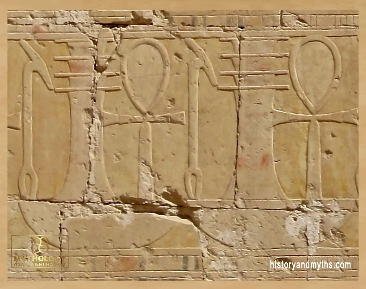Ankh, djed, and was symbols in a decorative frieze from the Hathor Chapel