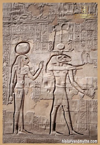 Relief from the Temple of Khnum at Esna showing Khnum with the lioness goddess Menhit