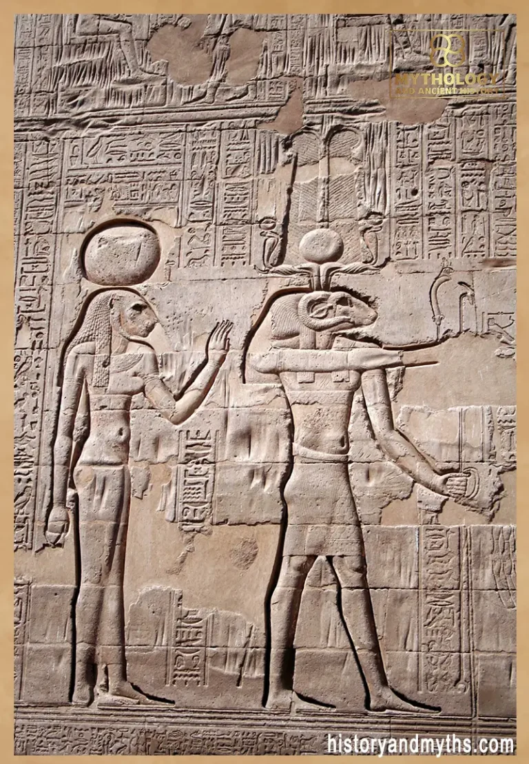 Relief from the Temple of Khnum at Esna showing Khnum with the lioness goddess Menhit
