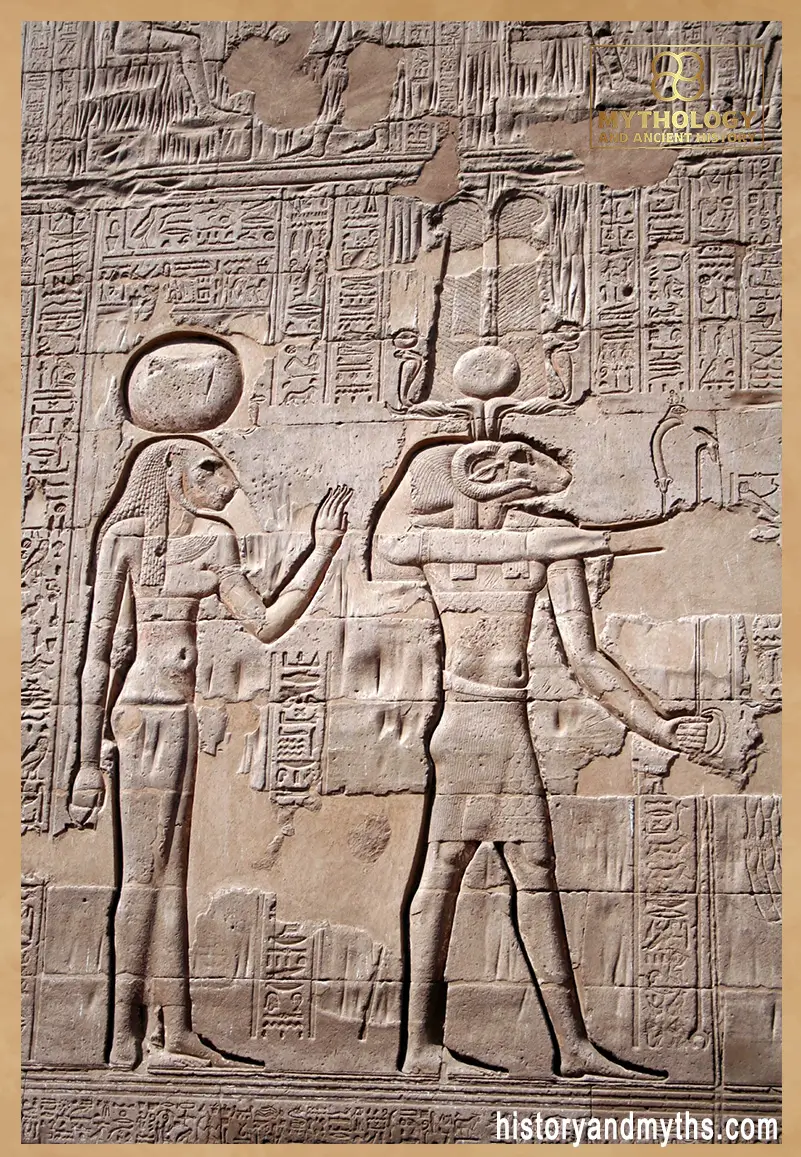 Relief from the Temple of Khnum at Esna showing Khnum with the lioness goddess Menhit
