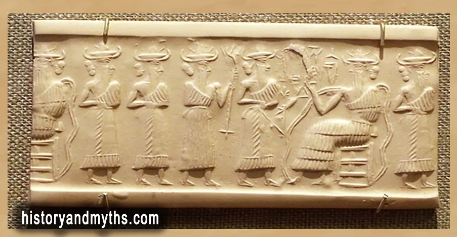 Enki, the Mesopotamian god of wisdom and fresh waters, sits enthroned while receiving attendants