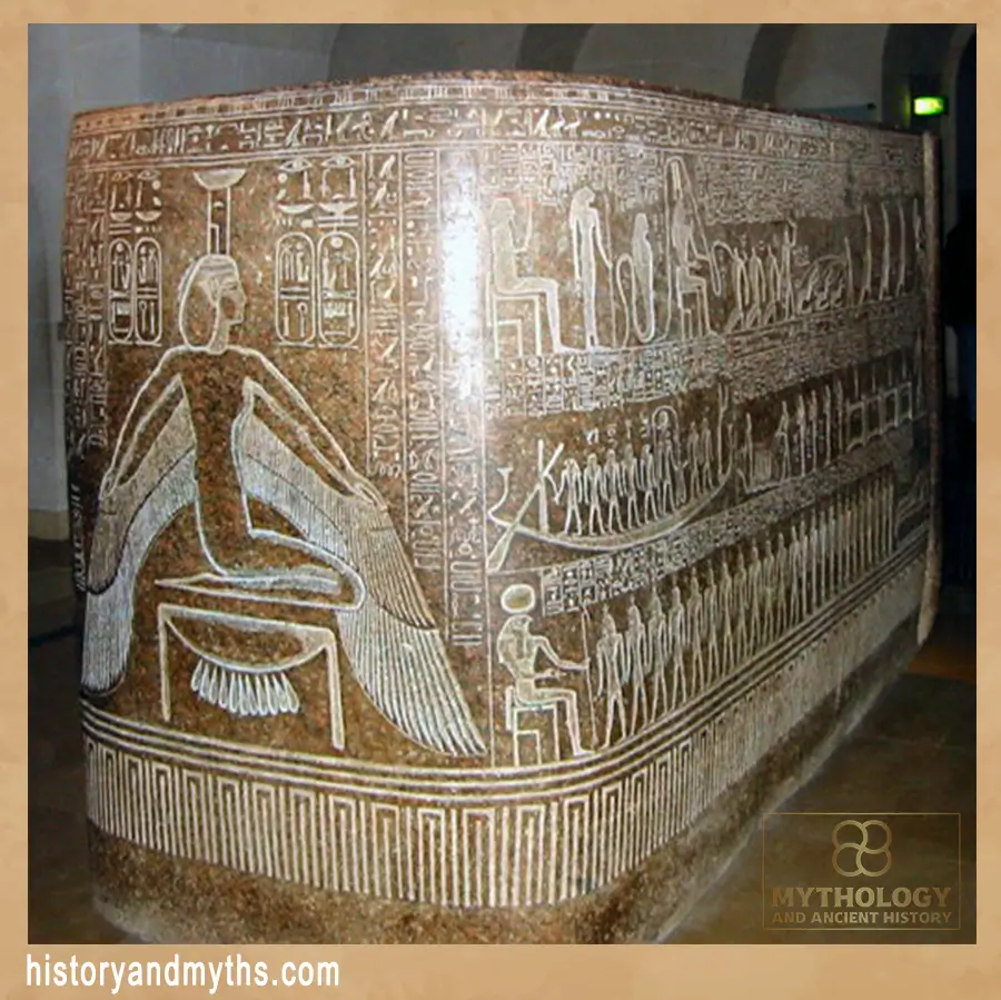 Sarcophagus box of Ramesses III showing protective deities including Nephthys, Louvre Museum.