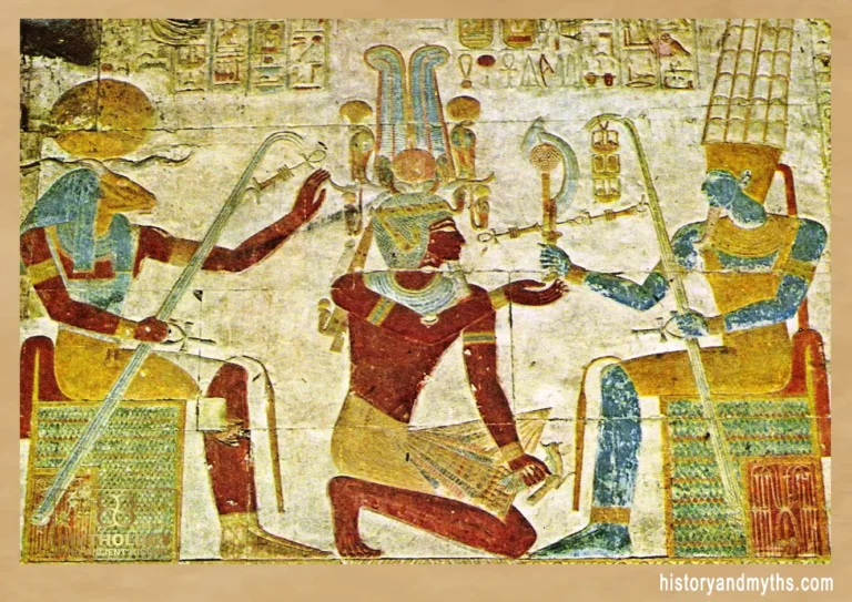 Amun, Khnum, and Seti I in a relief at Abydos
