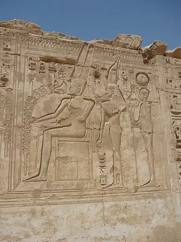 Amun-Ra, Mut and Khonsu (left to right), mortuary temple of Ramses III, Medinet Habu, Theban Necropolis