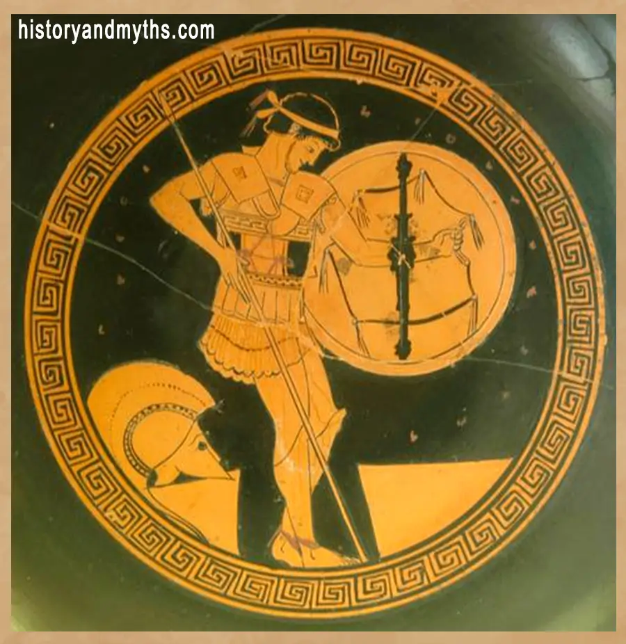 Hoplite warrior equipped with shield and spear, representing the heavy infantry that formed the core of Greek armies.