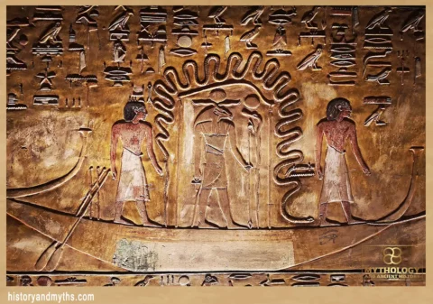 Solar barque detail (Book of Gates, Tomb of Seti I) — probable depiction of Sia at the prow