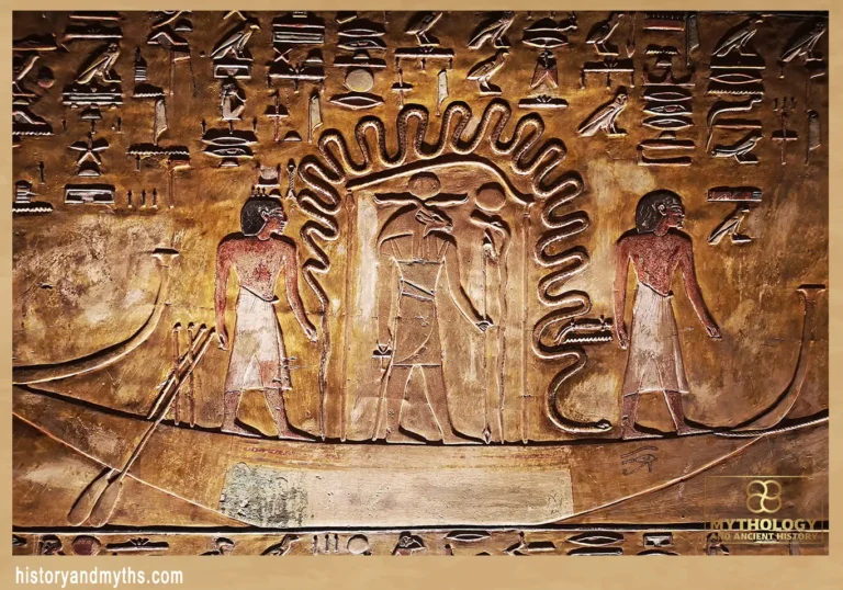 Solar barque detail (Book of Gates, Tomb of Seti I) — probable depiction of Sia at the prow