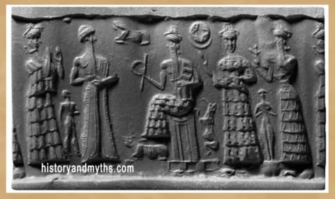 Ninsun, Nannar, Enlil with feet upon a bull, Ninlil with hand up , Inanna, & Ninurta