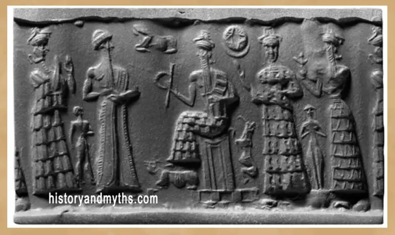 Ninsun, Nannar, Enlil with feet upon a bull, Ninlil with hand up , Inanna, & Ninurta