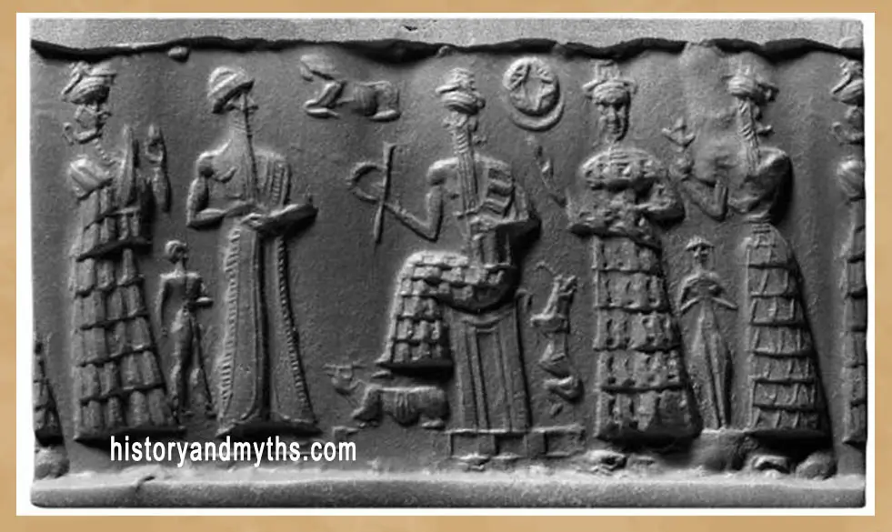 Ninsun, Nannar, Enlil with feet upon a bull, Ninlil with hand up , Inanna, & Ninurta
