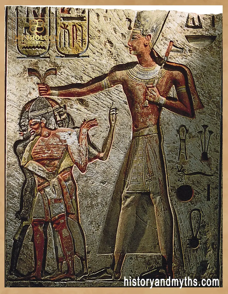 Ramses II taking Nubian, Syrian, and Libyan prisoners