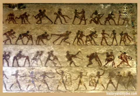 “Wrestling scene from the tomb of Baqet III at Beni Hasan — illustrating controlled physical activity as a functional practice in ancient Egypt.”