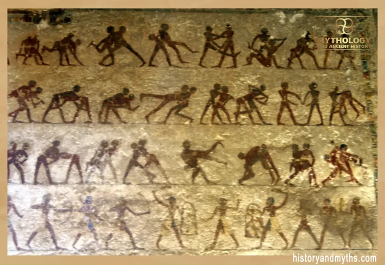 “Wrestling scene from the tomb of Baqet III at Beni Hasan — illustrating controlled physical activity as a functional practice in ancient Egypt.”