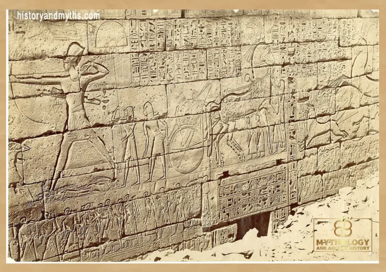 A war relief at Medinet Habu showing Ramesses III as an archer during the Sea Peoples conflict, capturing how royal war scenes were carved into temple walls.