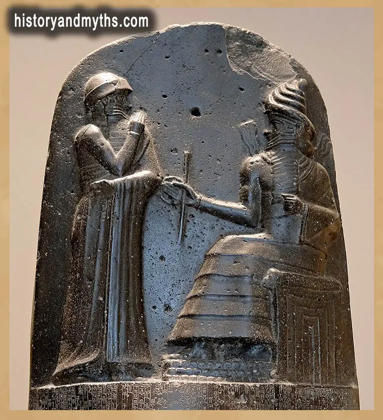 Upper Register of the Stele of Hammurabi, depicting King Hammurabi standing before the sun god Shamash, who presents the rod and ring as symbols of divine justice and royal authority