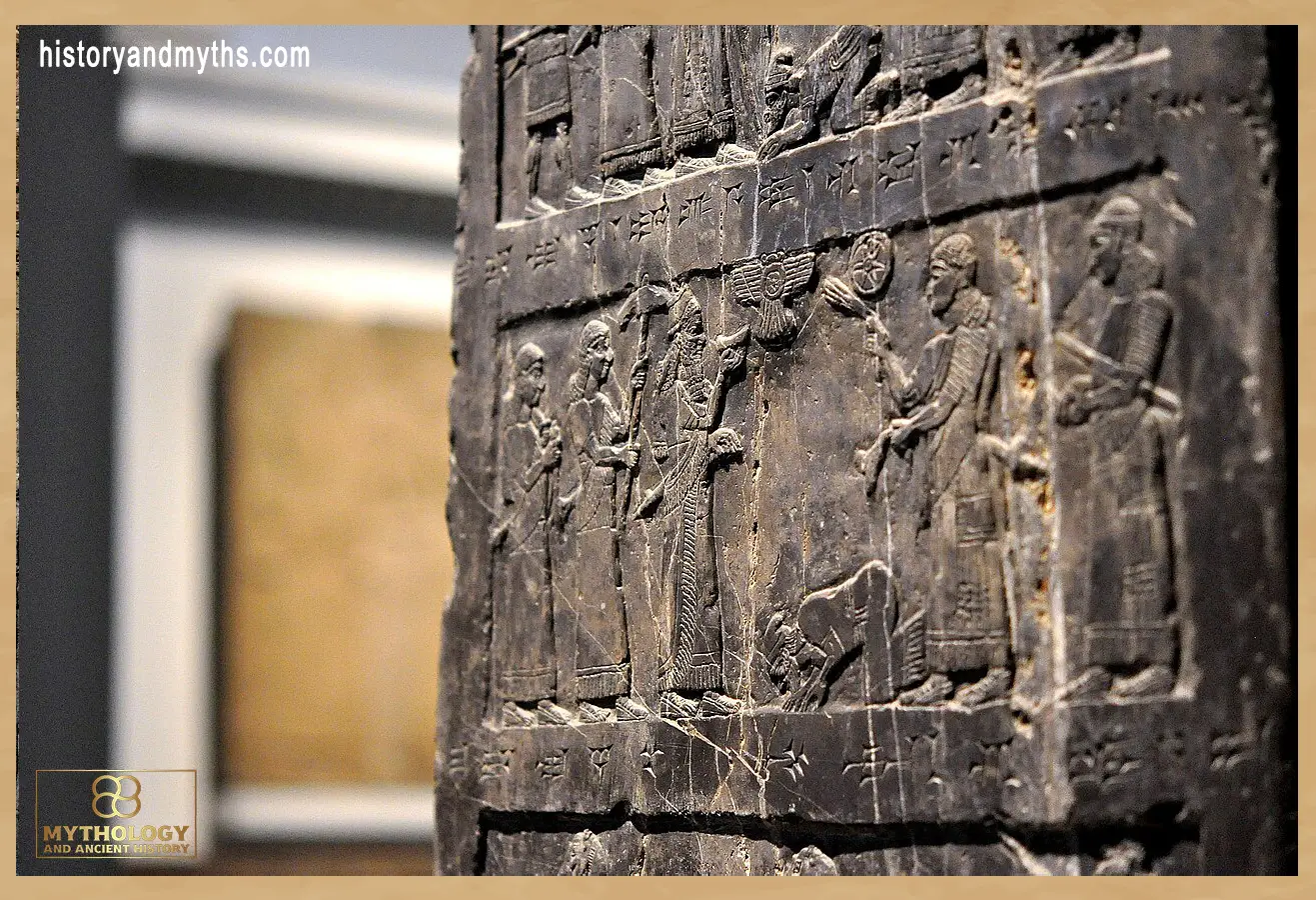 Upper register of the Black Obelisk of Shalmaneser III showing Jehu of the House of Omri prostrating before the Assyrian king, from Nimrud, ca. 825 BCE.