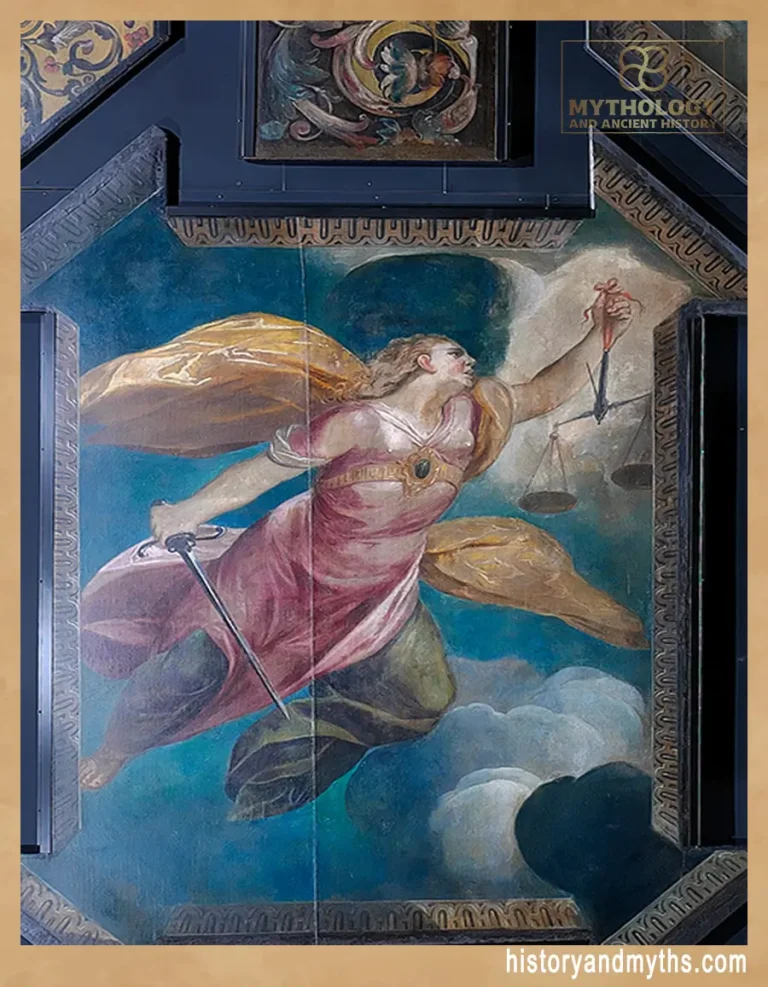 Renaissance-style painting of Astraea, attributed to Alonso Vázquez, showing the goddess of justice in a celestial scene from the ceiling of Juan de Arguijo’s house in Seville.