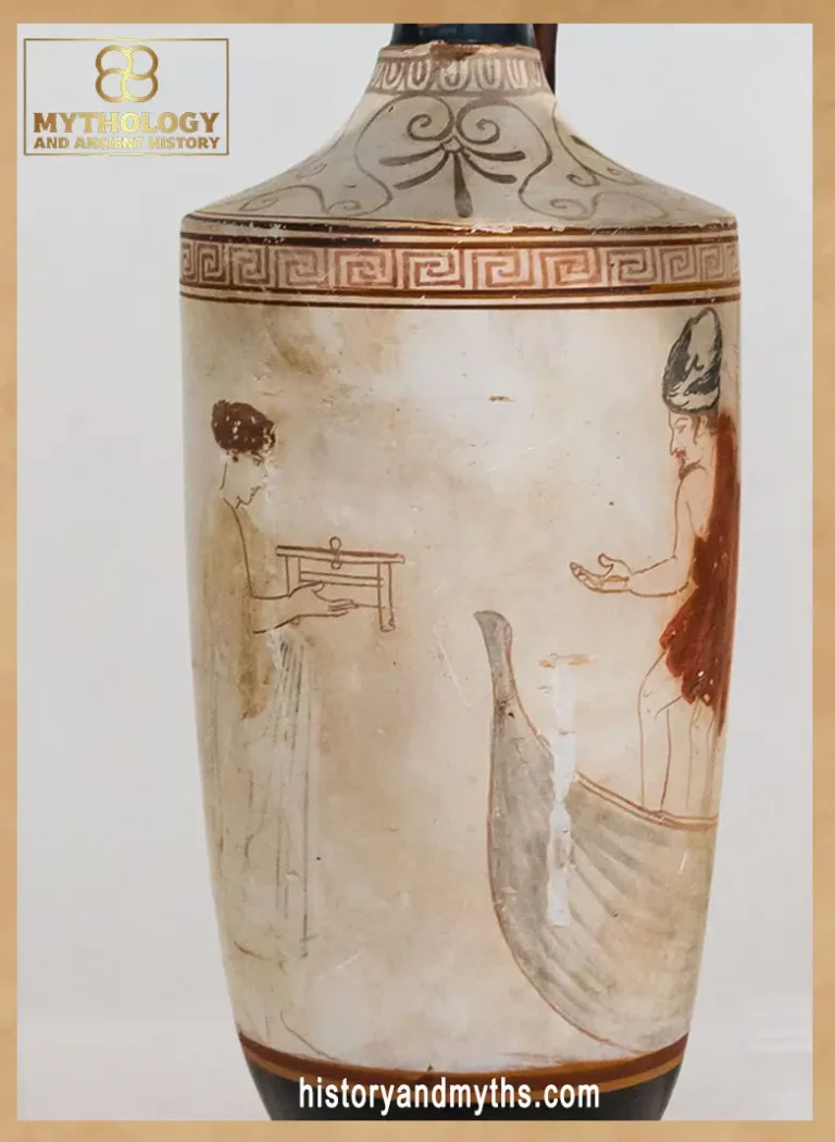 Charon ferrying a deceased woman, detail from an Attic red-figure white-ground lekythos by the Bird Painter, c. 420–400 BCE