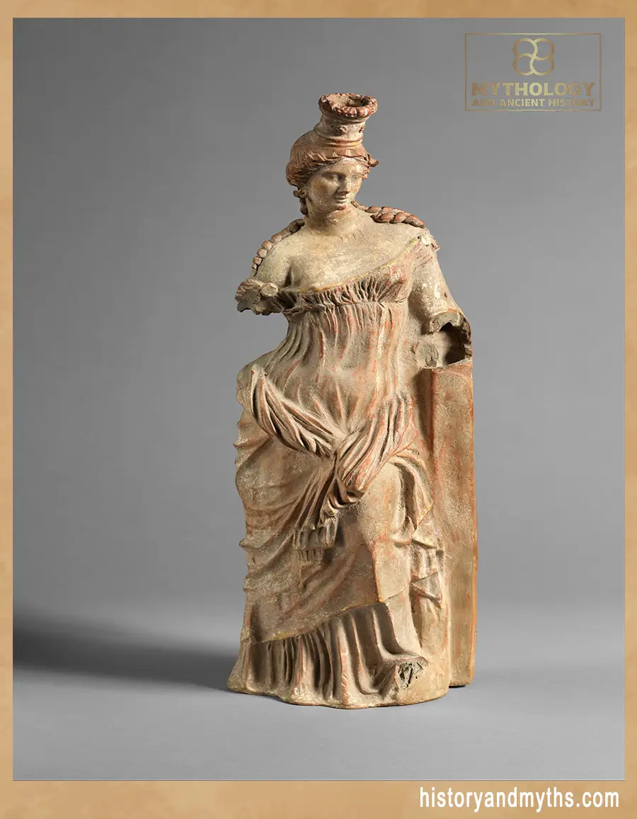 Symbolic representation of Eucleia using a classical Greek terracotta statuette, reflecting her association with good repute and moral honor.