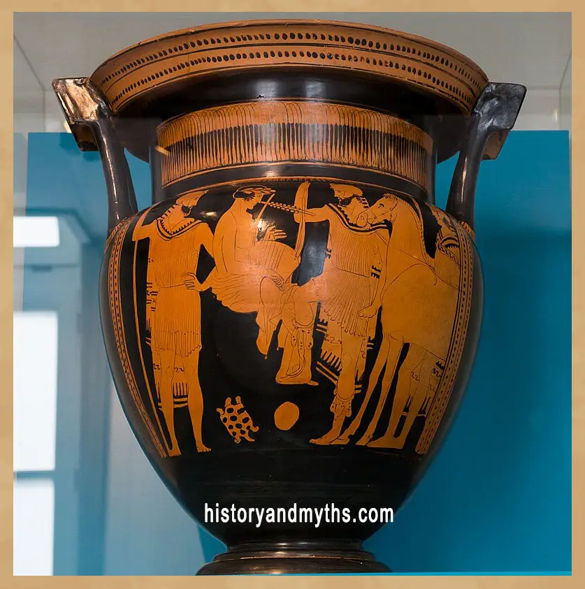 Orpheus playing the lyre before Thracian listeners, Attic red-figure column krater attributed to the Naples Painter, c. 450 BC