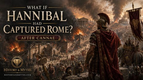 Hannibal overlooking a captured and burning Rome after Cannae in an alternate-history scenario