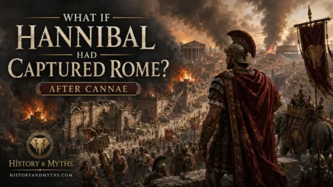 Hannibal overlooking a captured and burning Rome after Cannae in an alternate-history scenario