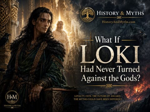 Alternate-scenario illustration showing Loki remaining on the side of the Norse gods while Baldr survives and the forces of Ragnarök gather in the distance