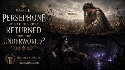 Persephone ruling the Underworld while Demeter mourns above as the earth becomes barren in an alternate Greek mythology scenario