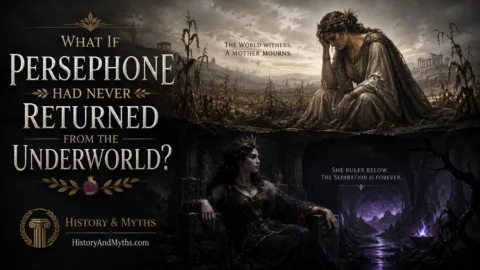 Persephone ruling the Underworld while Demeter mourns above as the earth becomes barren in an alternate Greek mythology scenario