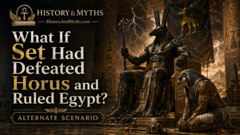Set seated as ruler of Egypt while Horus kneels defeated in an alternate Egyptian mythology scenario