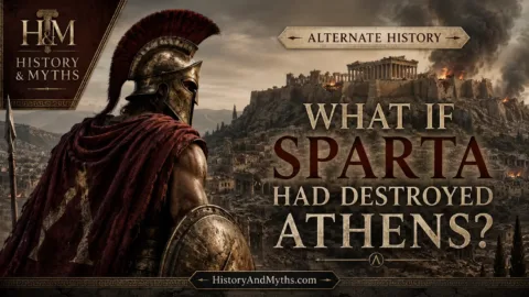 Spartan warrior overlooking a destroyed Athens in an alternate-history scenario after the Peloponnesian War