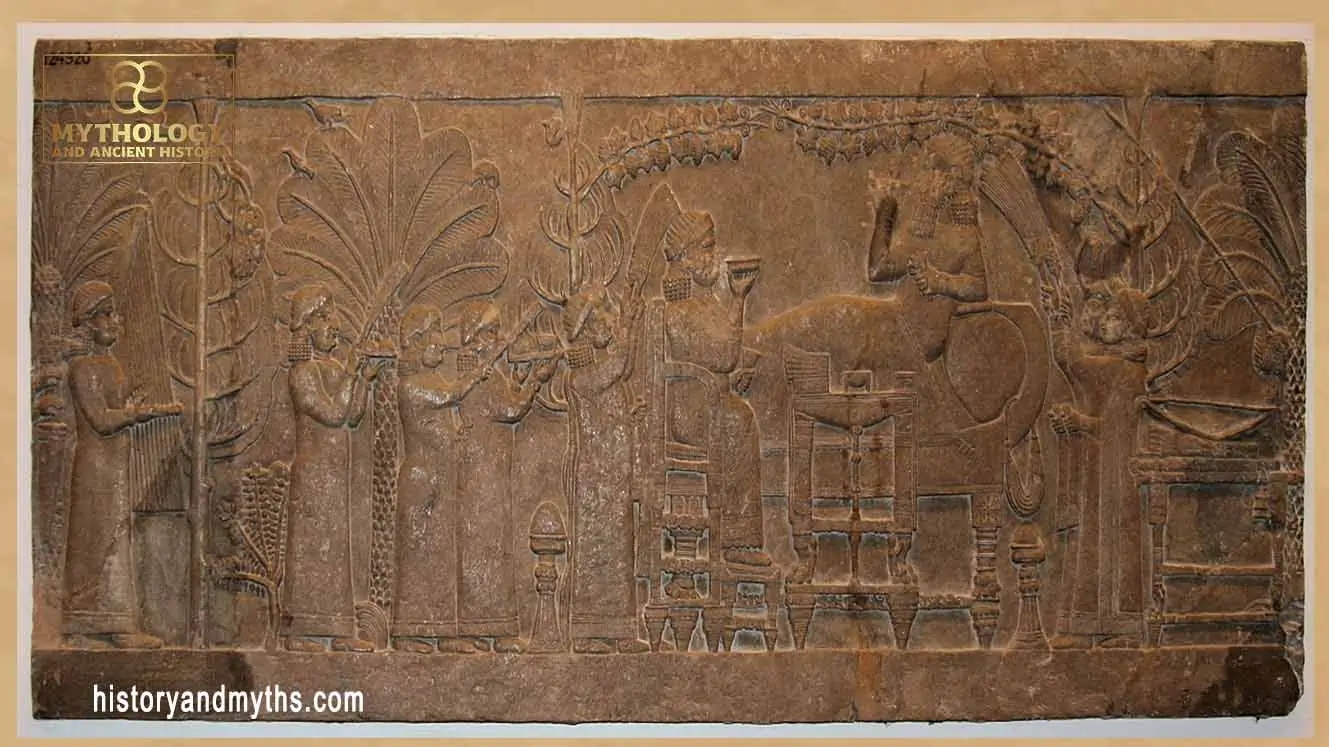 Ashurbanipal banquet scene, Neo-Assyrian relief
