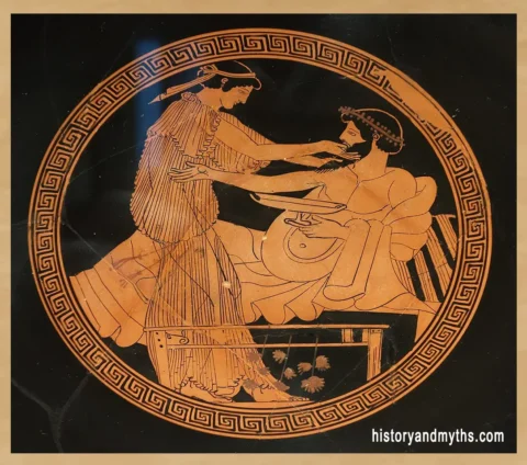 Symposium scene (tondo detail) in a kylix attributed to Makron, Attic red-figure pottery