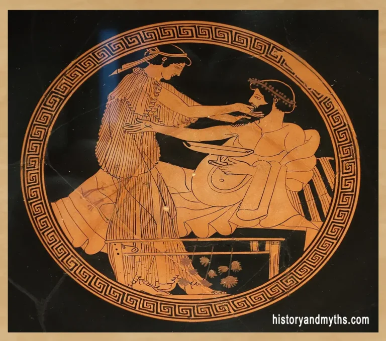 Symposium scene (tondo detail) in a kylix attributed to Makron, Attic red-figure pottery