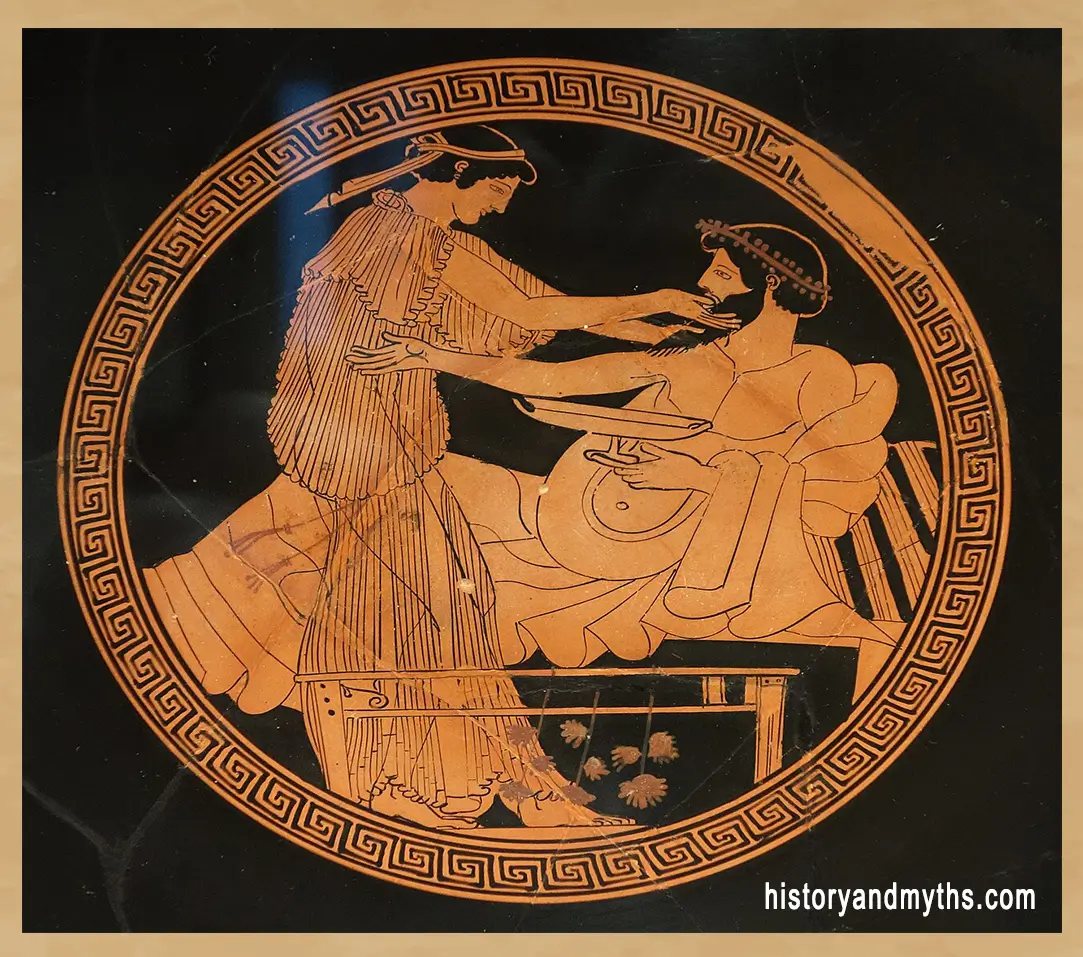 Symposium scene (tondo detail) in a kylix attributed to Makron, Attic red-figure pottery