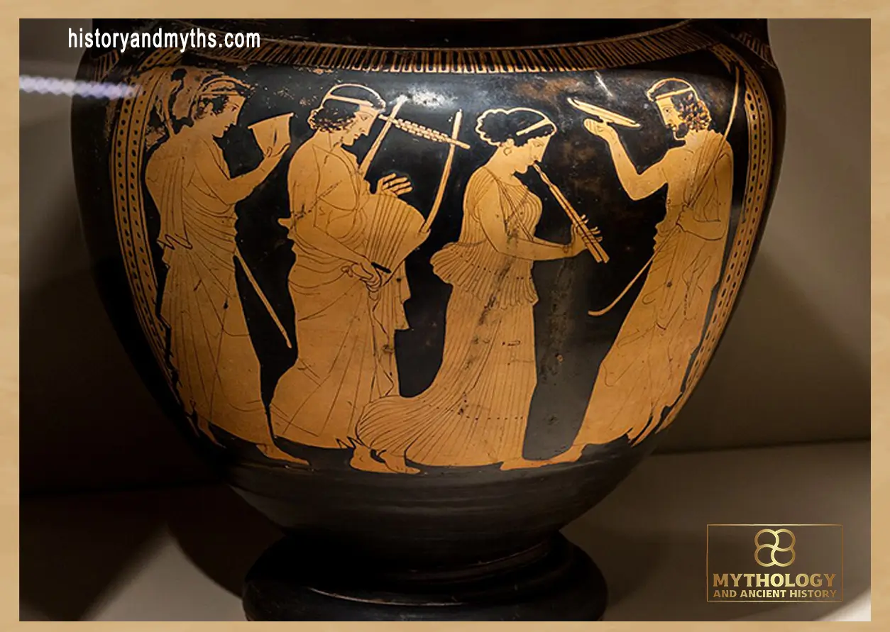 Komos scene with lyre player and auloi player, Attic red-figure column-krater attributed to the Naples Painter, ca. 440 BCE