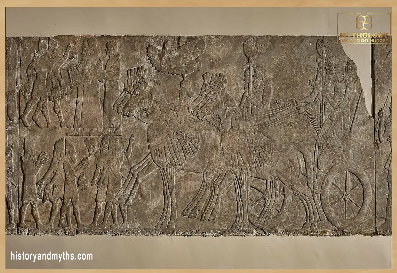 Assyrian army returning in triumph with standards and soldiers counting enemy heads (relief from the North West Palace, Neo-Assyrian, reign of Ashurnasirpal II, c. 865–860 BCE) — Source: British Museum, museum number 124550, CC BY-SA 4.0 (Wikimedia Commons) Assyrian army returning in triumph with standards and soldiers counting enemy heads
