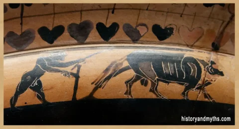 Ploughman scene on Side A of an Attic black-figure band-cup (kylix), attributed to the Painter of the Burgon Sianas, c. 560–550 BC