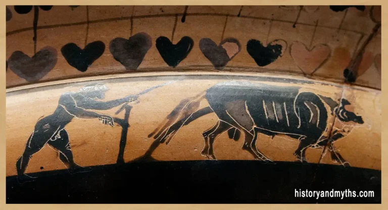 Ploughman scene on Side A of an Attic black-figure band-cup (kylix), attributed to the Painter of the Burgon Sianas, c. 560–550 BC