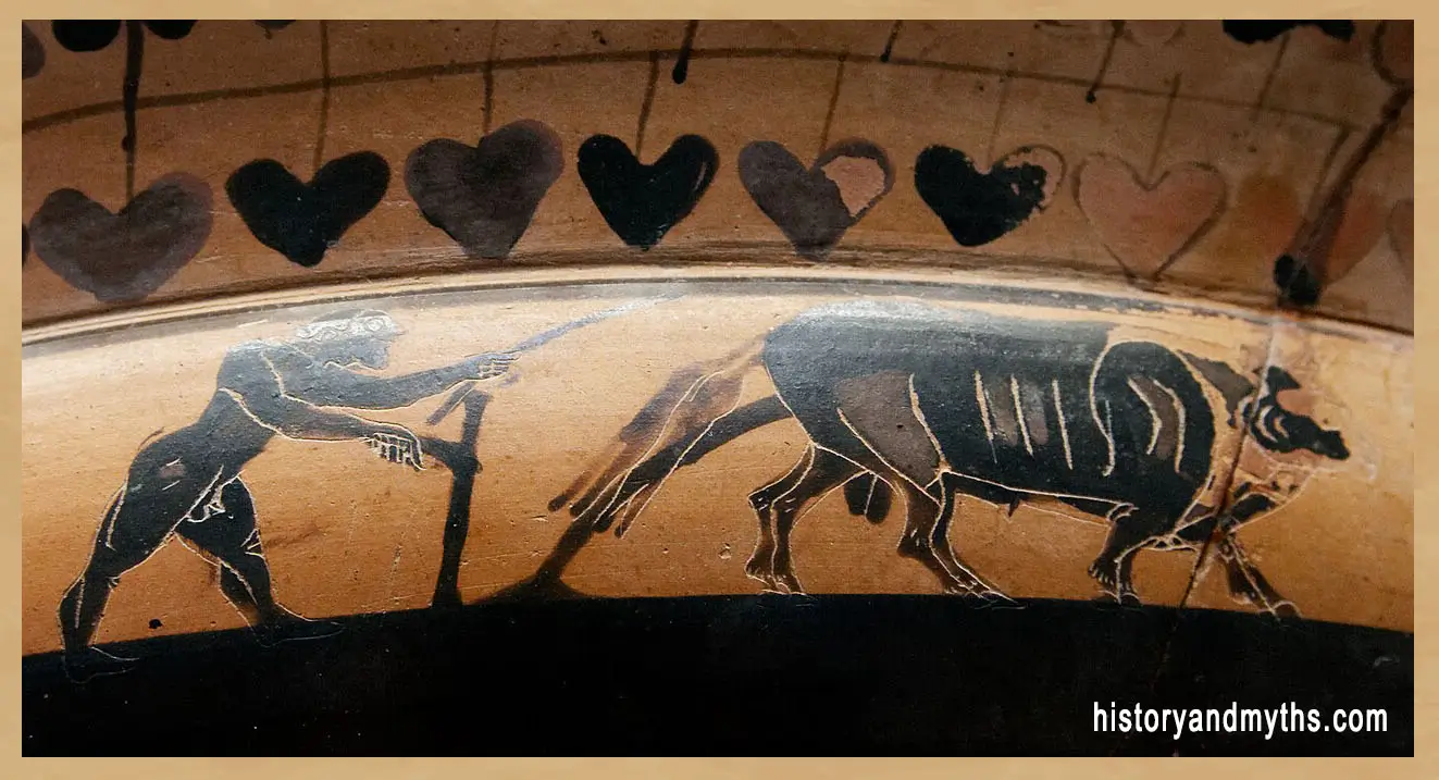Ploughman scene on Side A of an Attic black-figure band-cup (kylix), attributed to the Painter of the Burgon Sianas, c. 560–550 BC