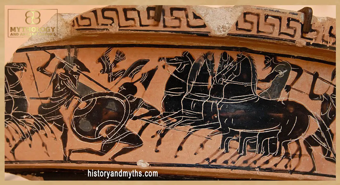 Ancient Greek hoplites fighting in close combat on an Attic black