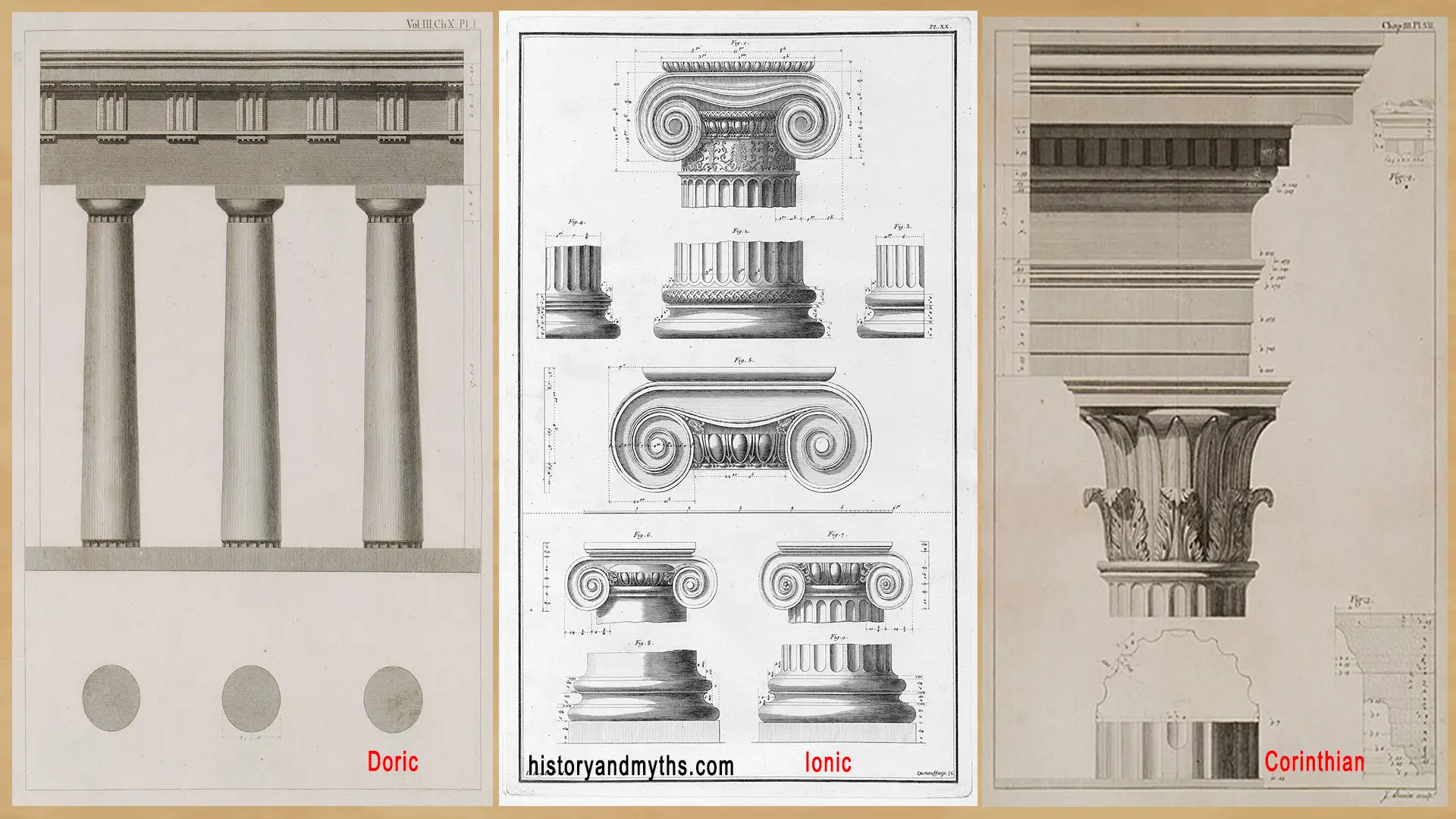 Composite comparison of Doric, Ionic, and Corinthian columns