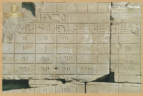 Egyptian numeral hieroglyphs carved on the walls of the Temple of Karnak