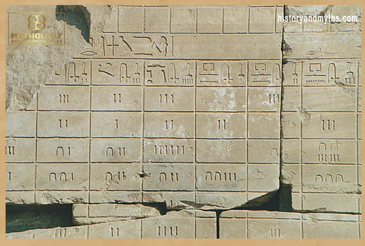 Egyptian numeral hieroglyphs carved on the walls of the Temple of Karnak