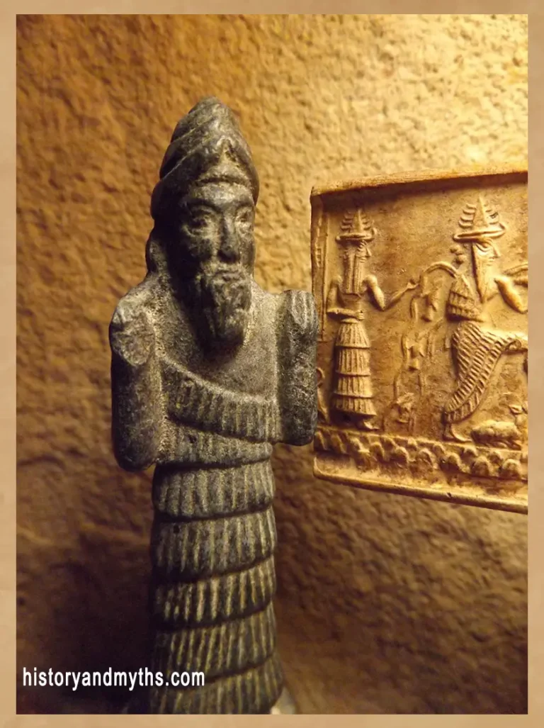 Enki statue artifact with another Enki artifact on the wall