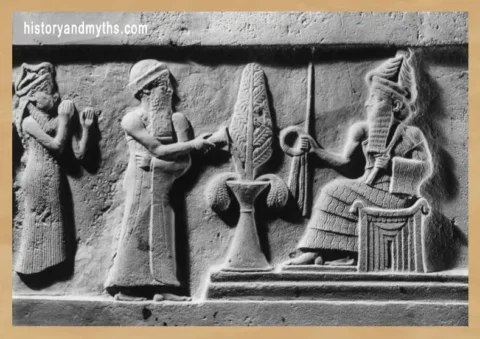 Ur-Nammu stands before the god Sin (Nanna), symbolizing that royal authority is derived from divine legitimacy and granted by the gods.