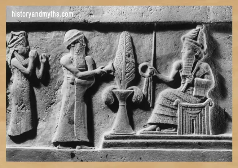 Ur-Nammu stands before the god Sin (Nanna), symbolizing that royal authority is derived from divine legitimacy and granted by the gods.