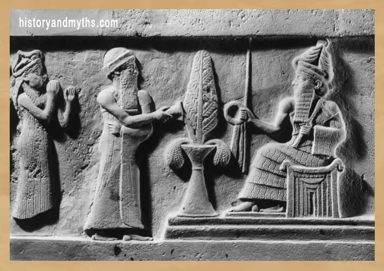 Ur-Nammu stands before the god Sin (Nanna), symbolizing that royal authority is derived from divine legitimacy and granted by the gods.